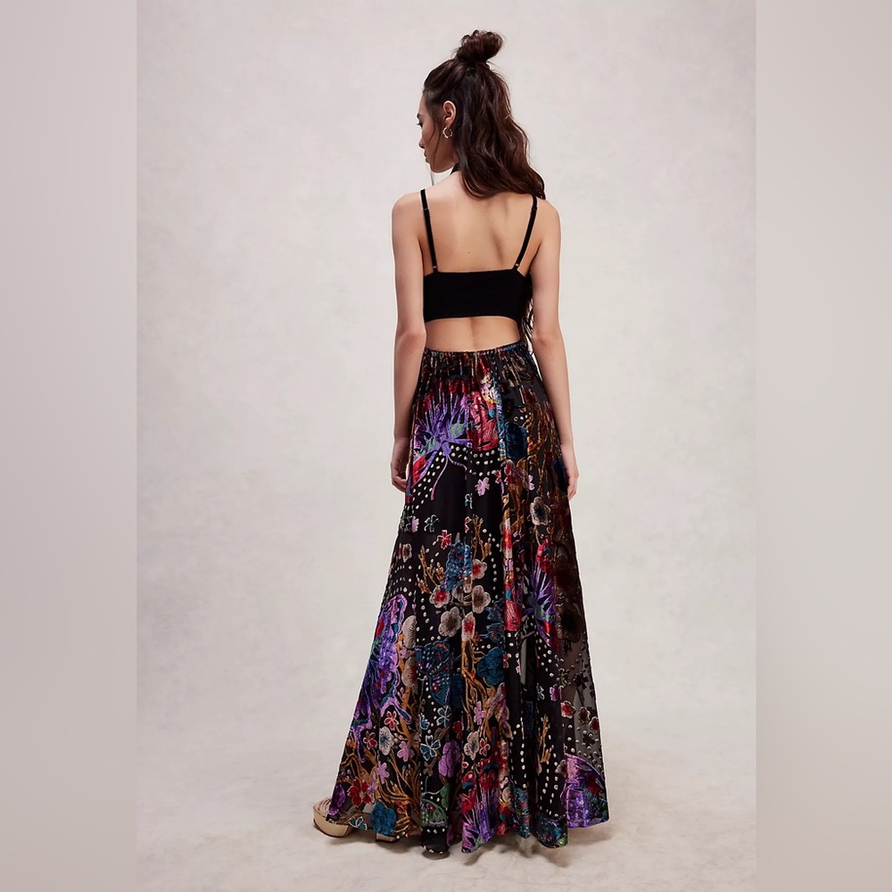 Free People Black Velvet Maxi Dress with Multicolor Floral & Butterfly Print - Picture 4 of 4